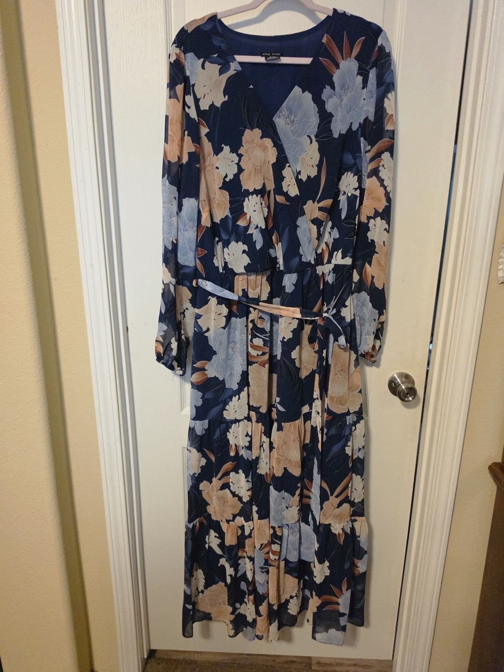 BloomChic Navy Floral Wrap Maxi Dress with Peach Accents